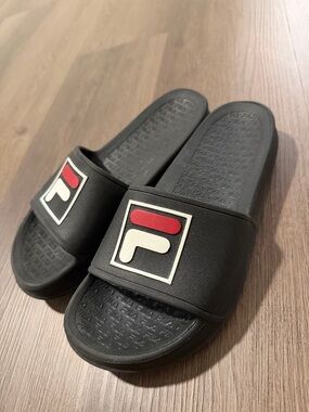 FILA Black Slides with Red & White Logo Patch